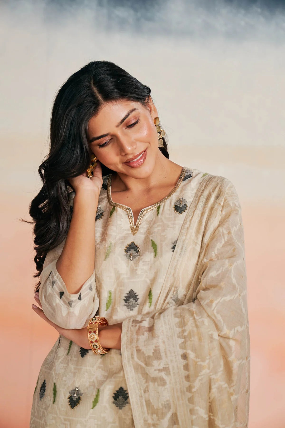 Beige Linen Jacquard Jamdani Inspired Suit Set with Hand Embroidery