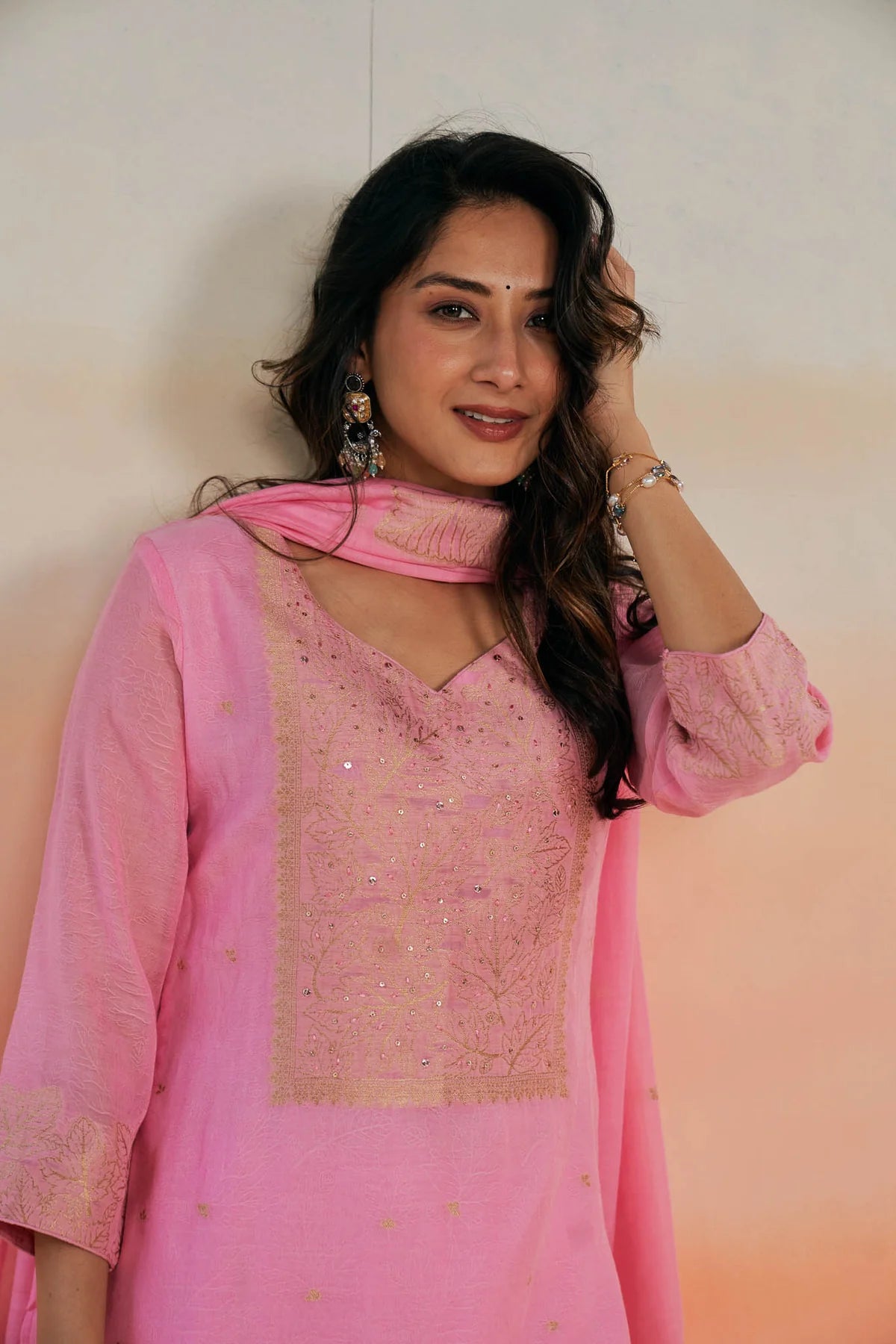 Elegant Pink Chanderi Jacquard Suit Set with Zari & Sequin Work