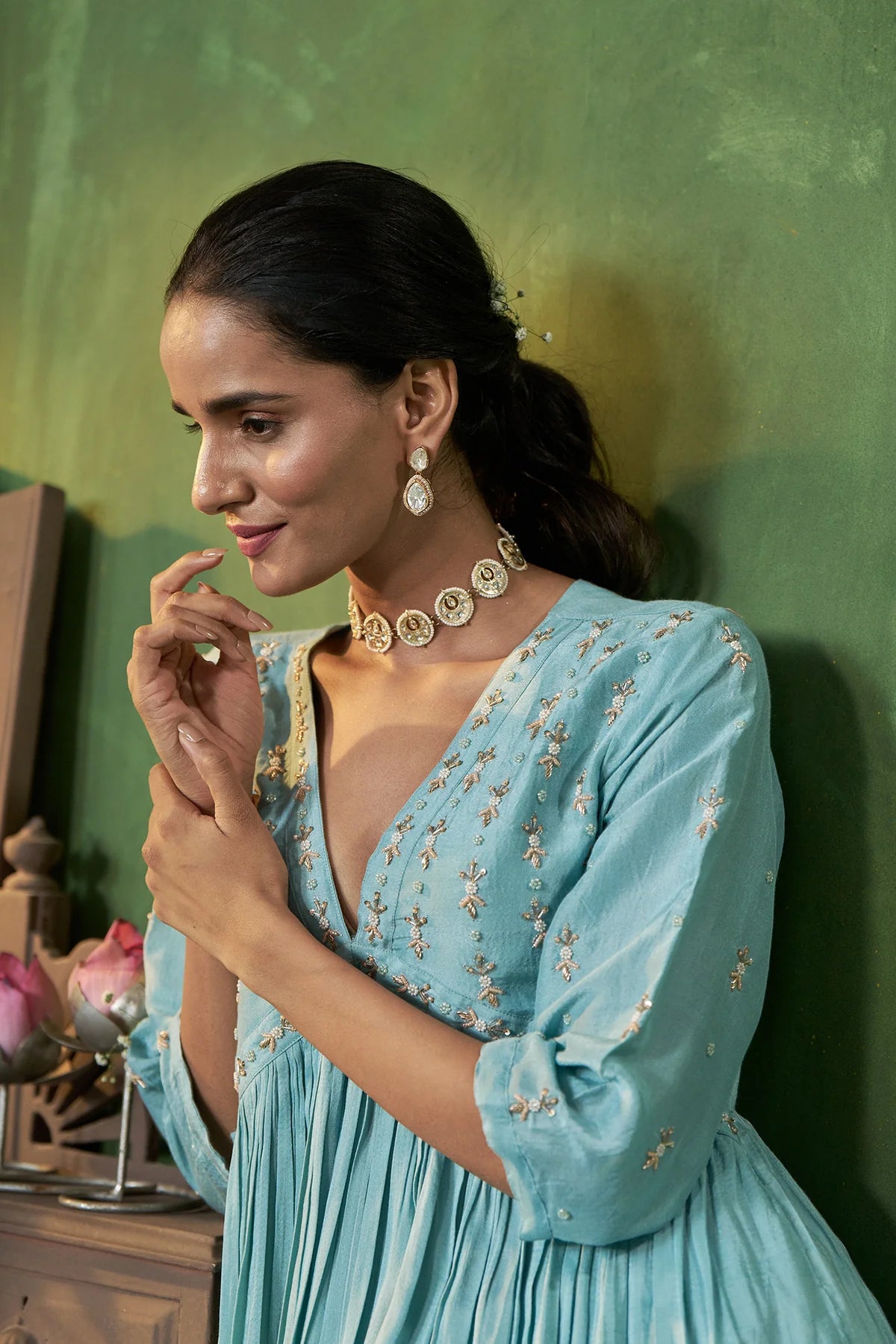 Powder Blue Kurta Set with Handcrafted Embroidery
