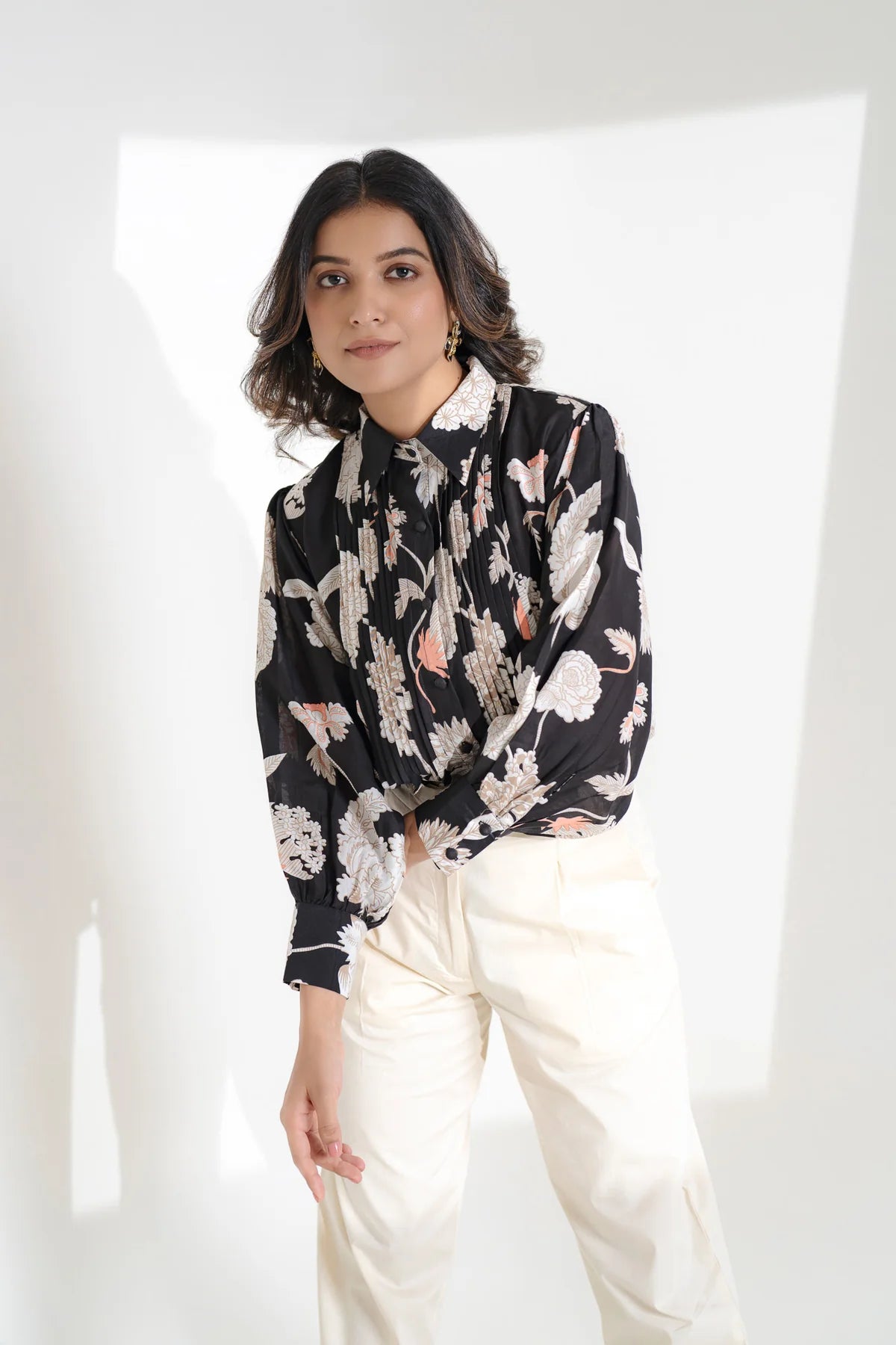 Black Pleated Viscose Muslin Shirt