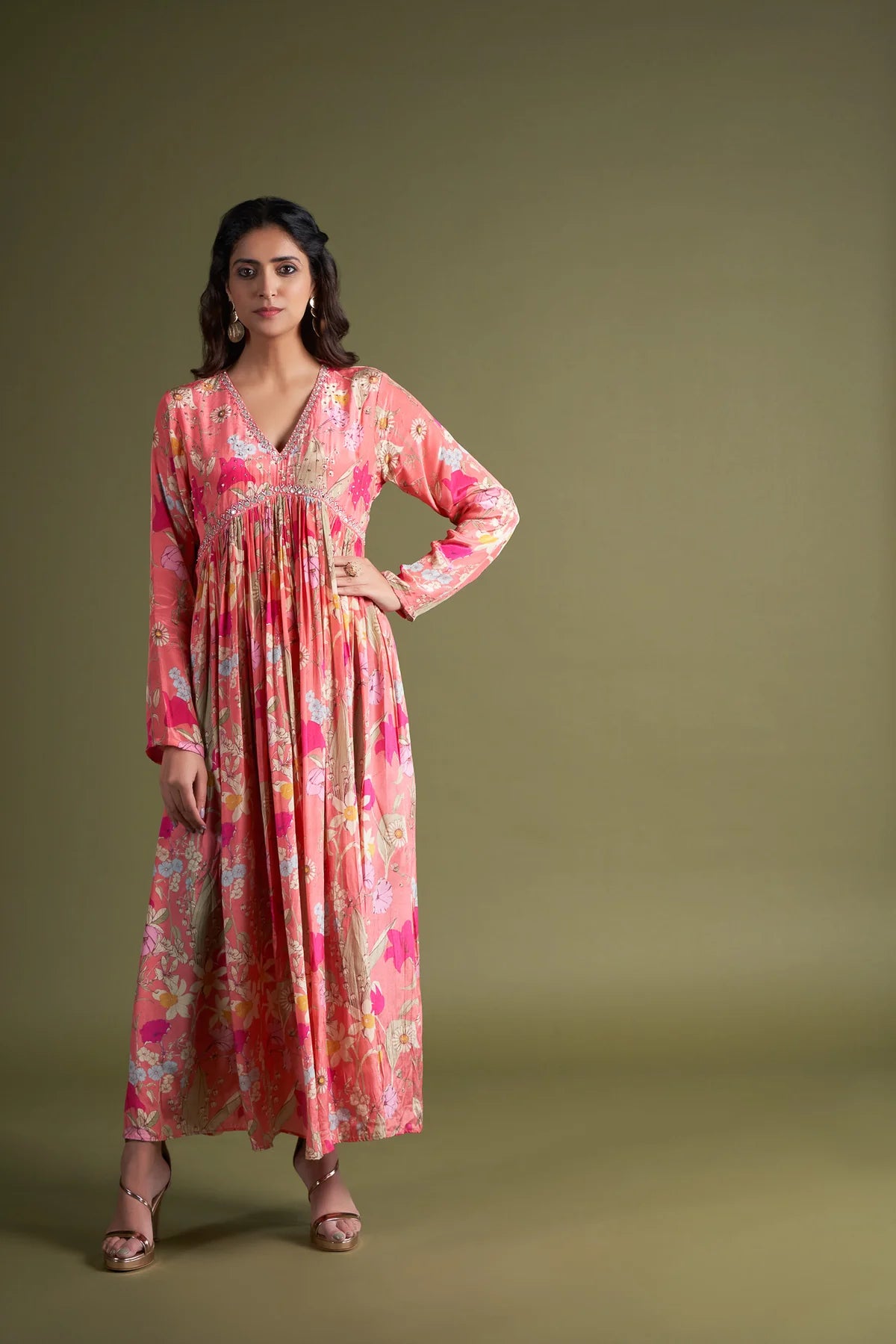 Blush Printed Crepe Gown with Handcrafted Embroidery