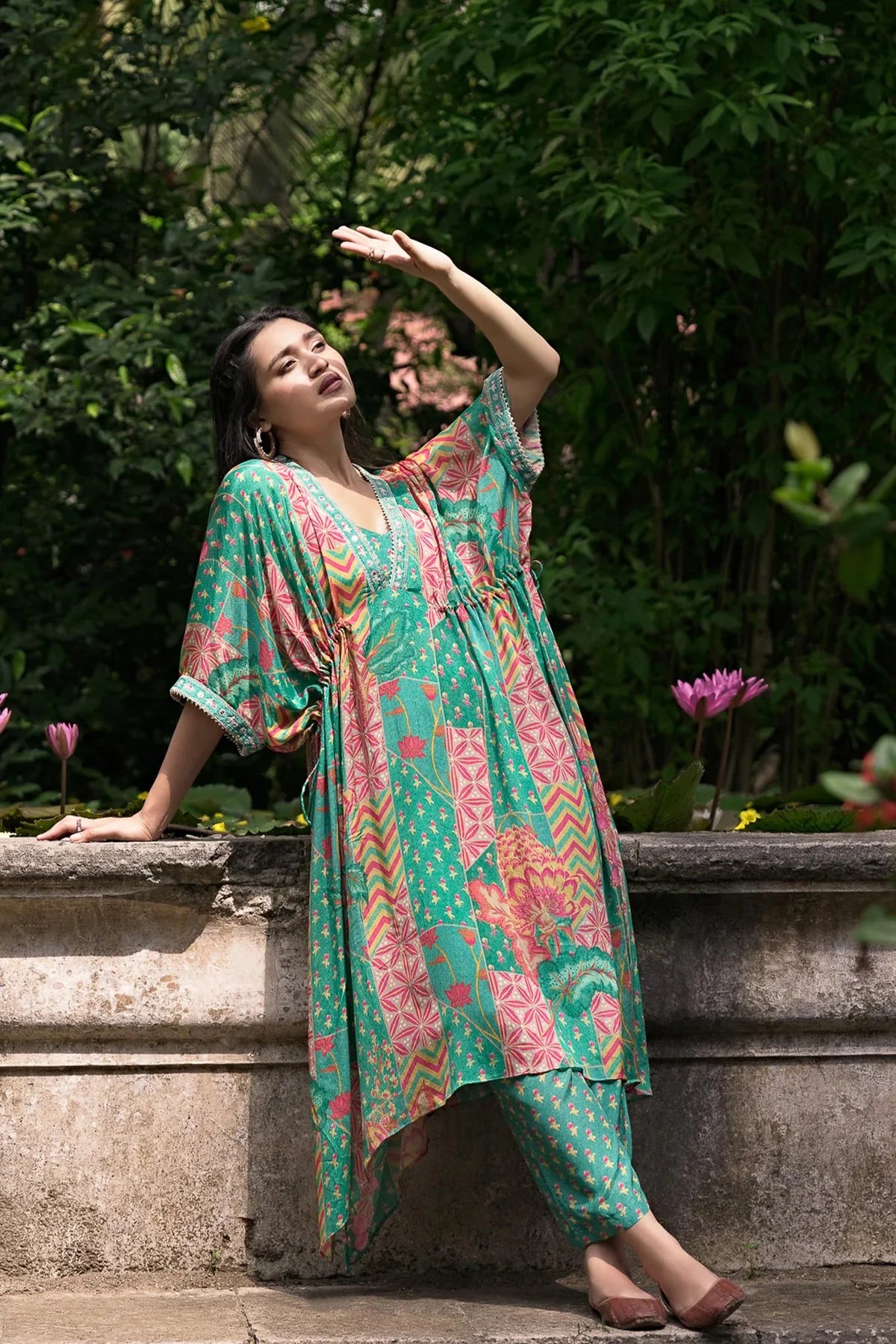 Embroidered Printed Chinon Chiffon Kaftan Set