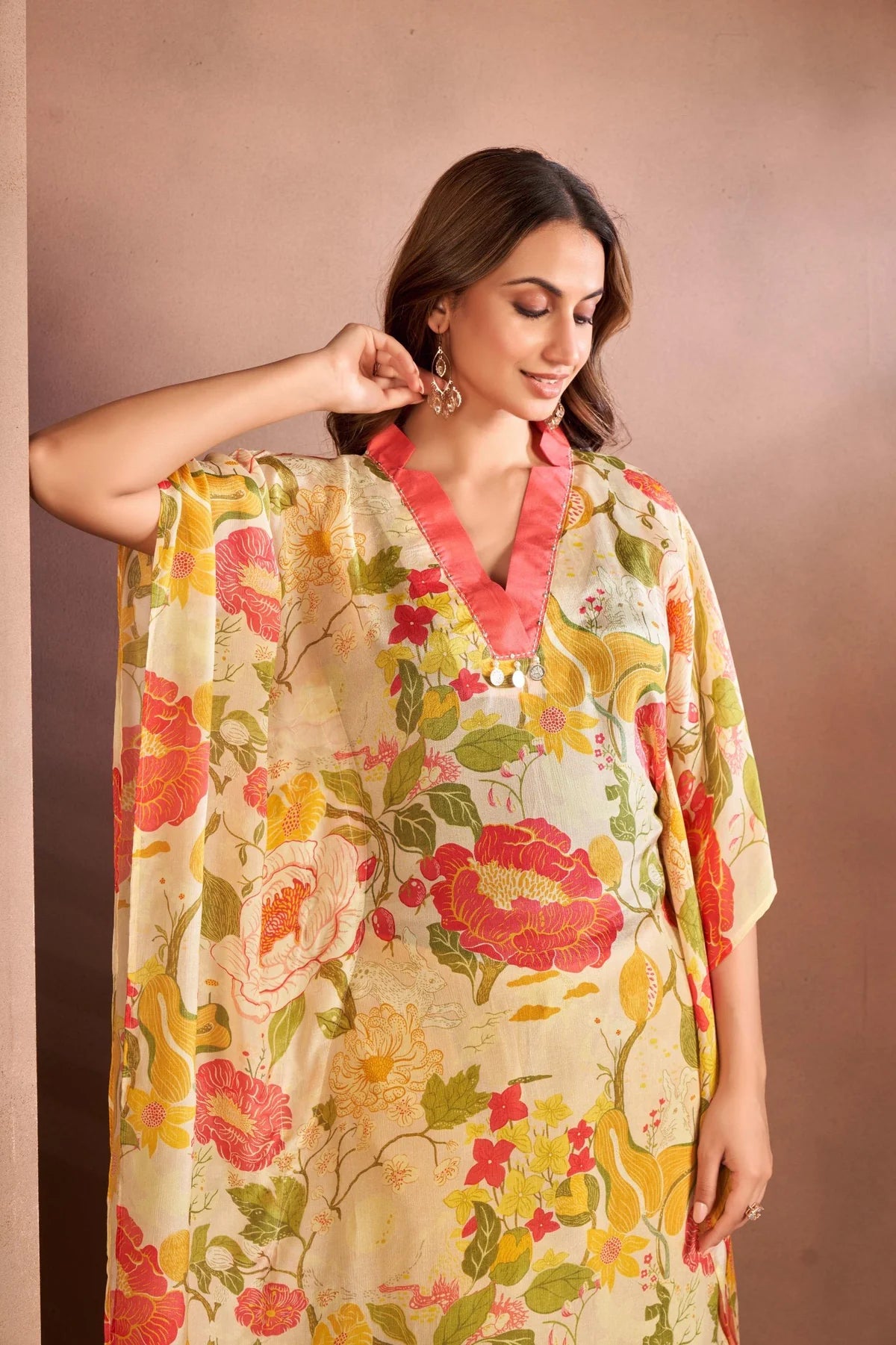 Elegant Beige High-Neck Kaftan Set