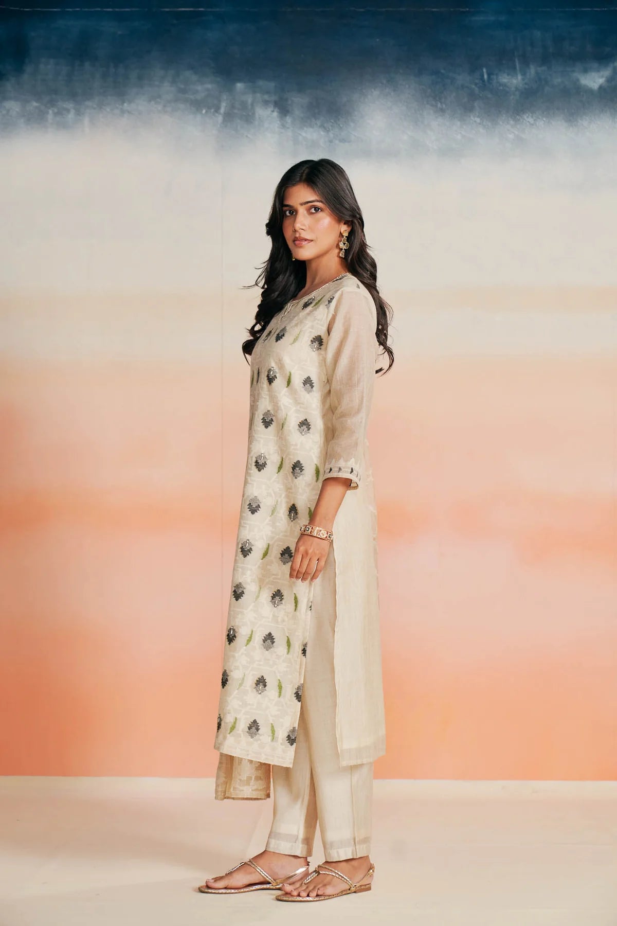 Beige Linen Jacquard Jamdani Inspired Suit Set with Hand Embroidery