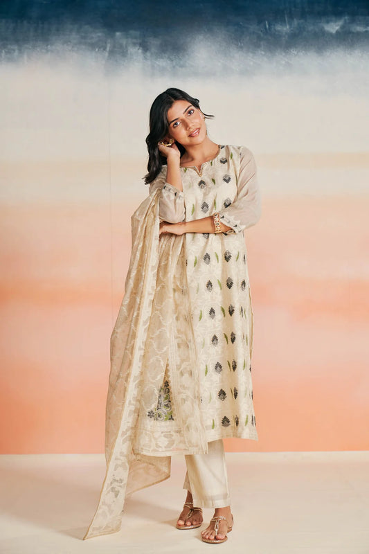 Beige Linen Jacquard Jamdani Inspired Suit Set with Hand Embroidery