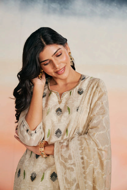 Beige Linen Jacquard Jamdani Inspired Suit Set with Hand Embroidery