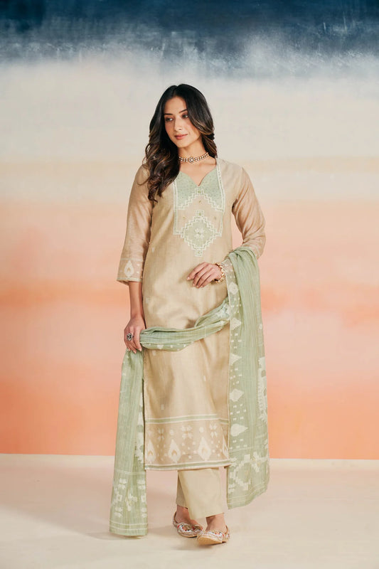 Ecru Linen Jacquard Jamdani Inspired Suit Set with Hand Embroidered Yoke