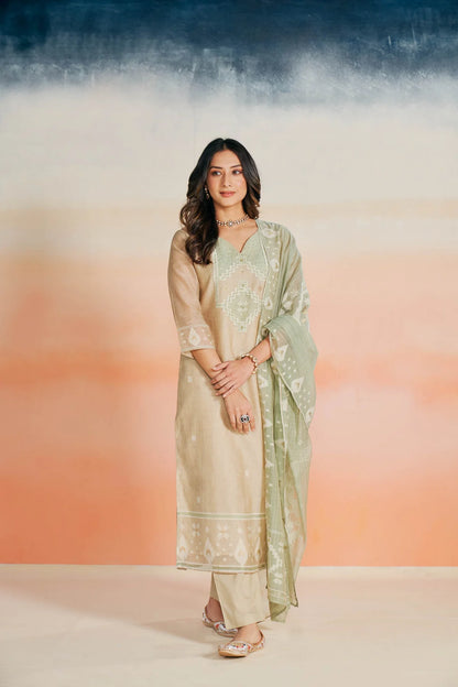 Ecru Linen Jacquard Jamdani Inspired Suit Set with Hand Embroidered Yoke