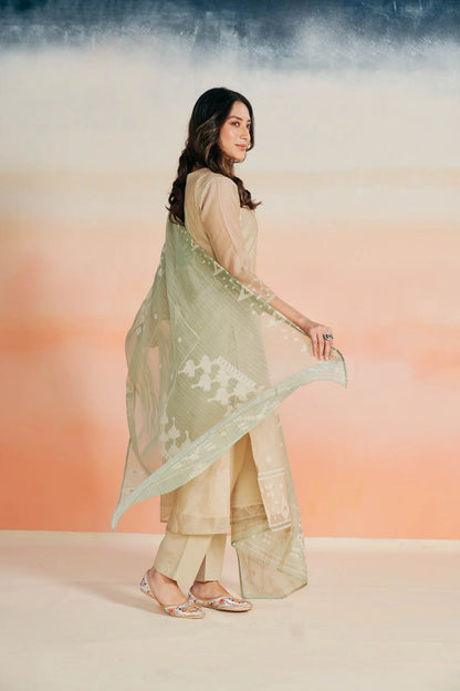 Ecru Linen Jacquard Jamdani Inspired Suit Set with Hand Embroidered Yoke