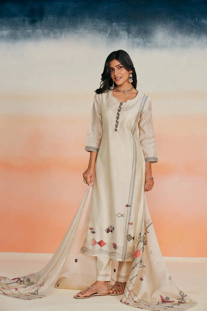 Elegant Beige Viscose Jacquard Suit Set with Silk Thread Work