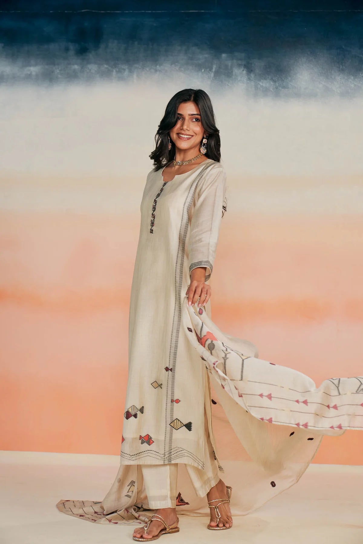 Elegant Beige Viscose Jacquard Suit Set with Silk Thread Work