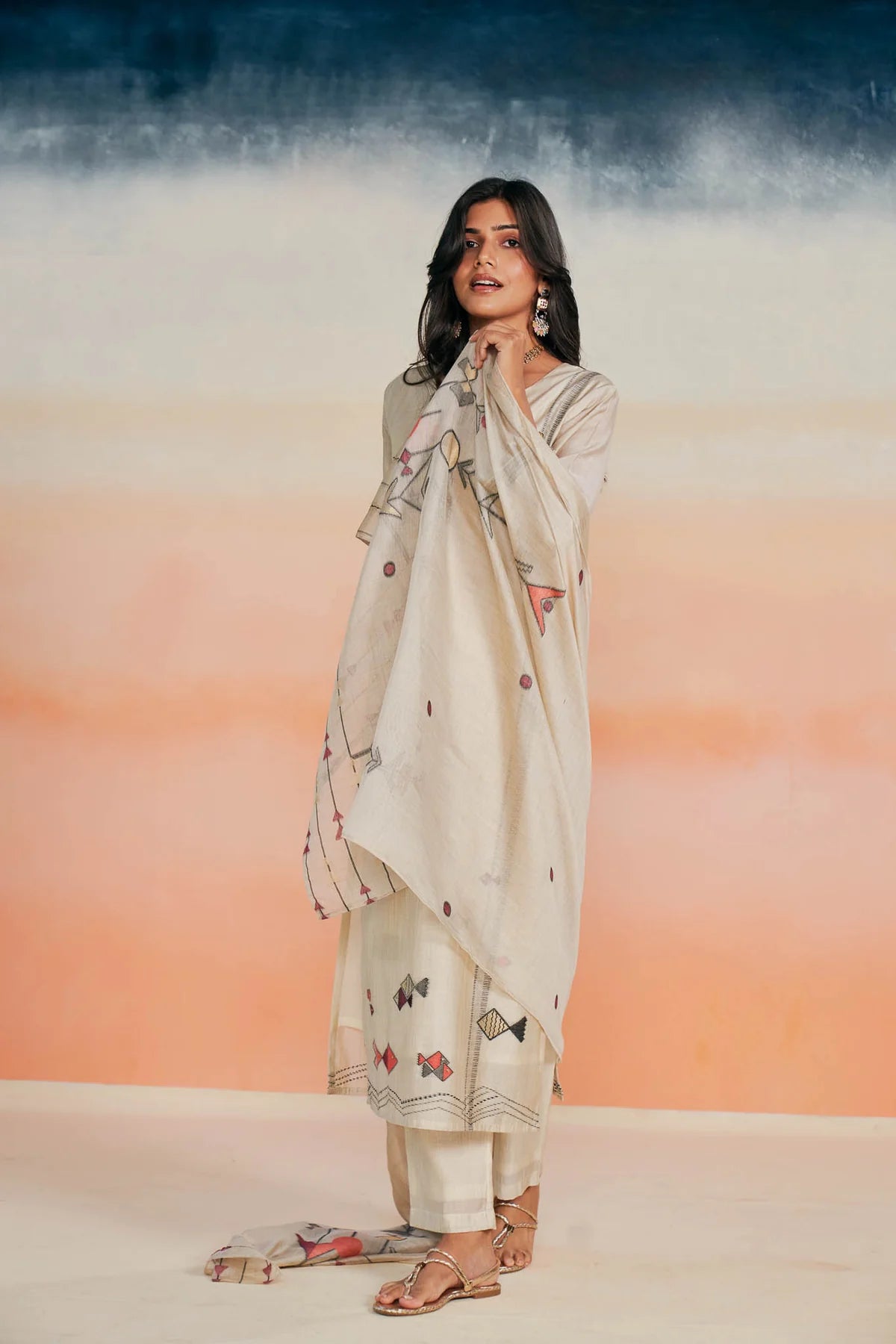 Elegant Beige Viscose Jacquard Suit Set with Silk Thread Work