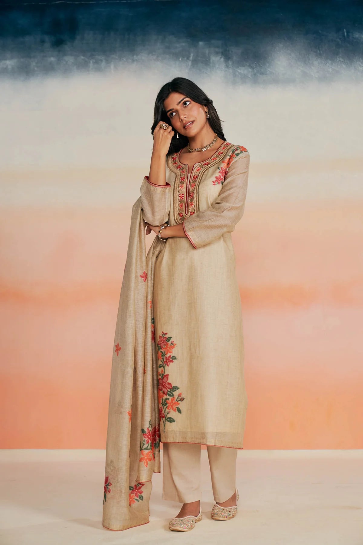 Ecru Linen Jacquard Suit Set with Silk Thread Embroidery