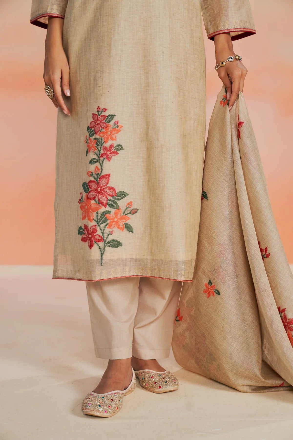 Ecru Linen Jacquard Suit Set with Silk Thread Embroidery