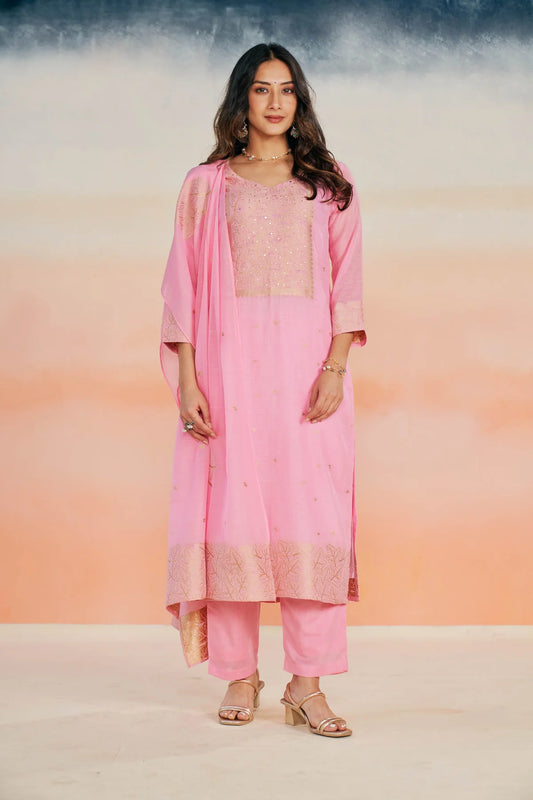 Elegant Pink Chanderi Jacquard Suit Set with Zari & Sequin Work