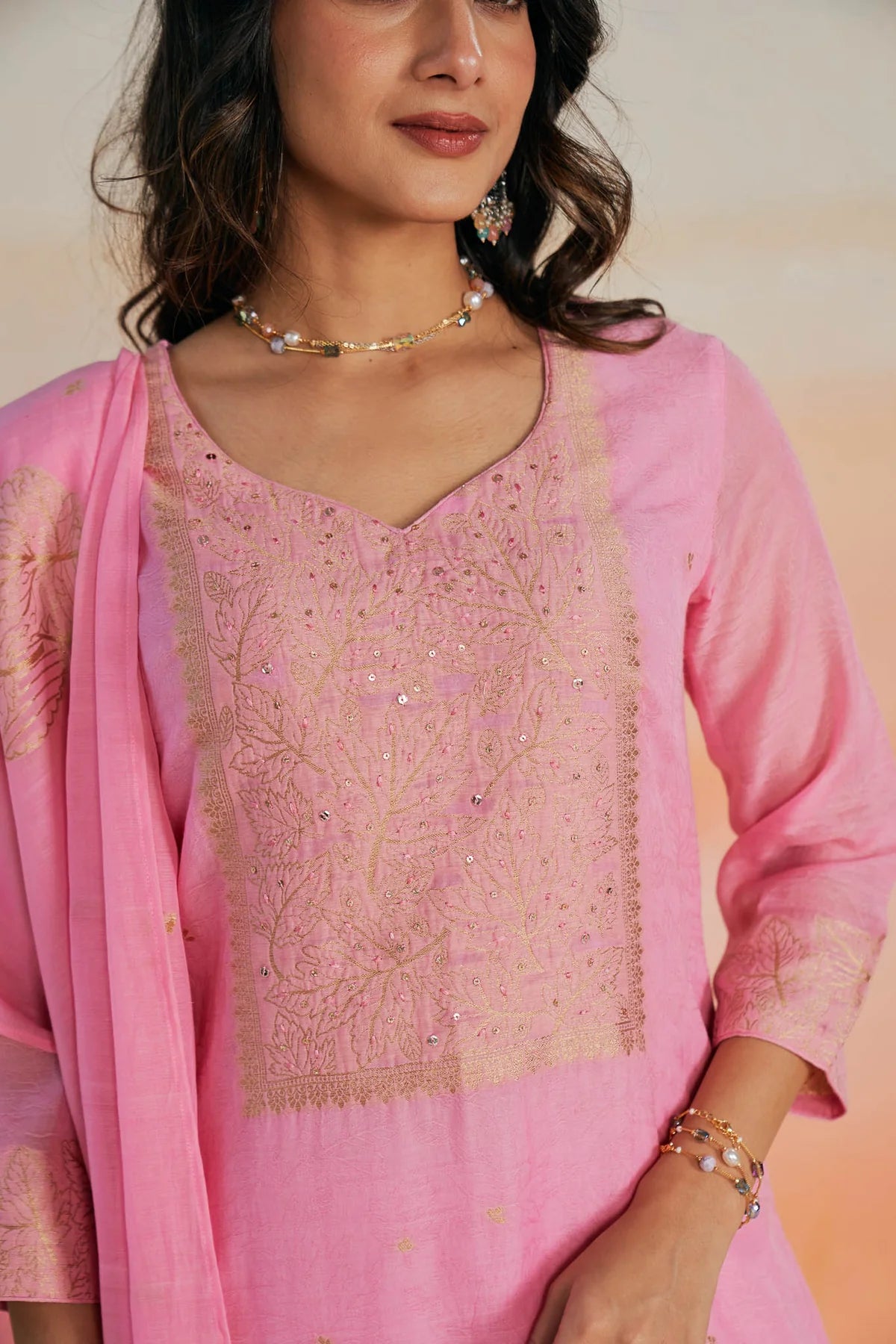 Elegant Pink Chanderi Jacquard Suit Set with Zari & Sequin Work