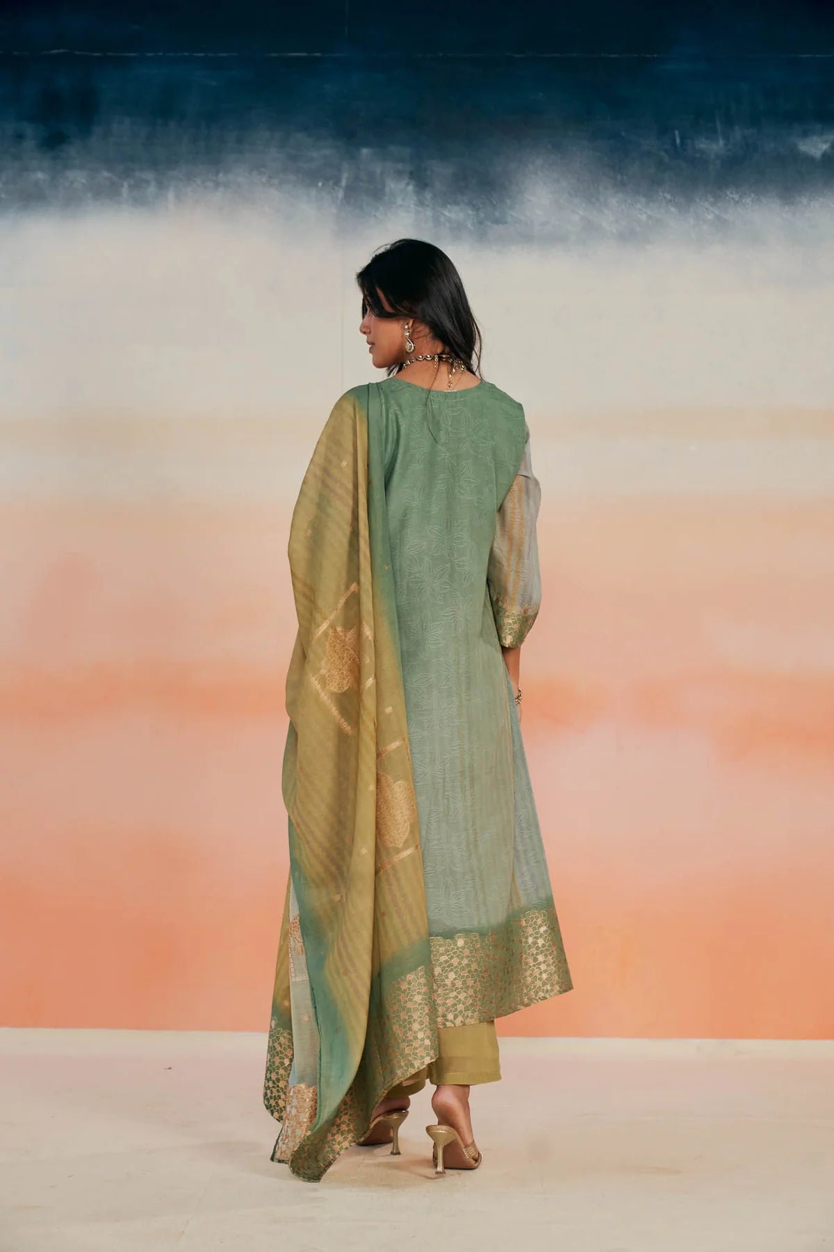 Emerald Green Malai Chanderi Jacquard Suit Set with Silk Thread Hand Embroidery