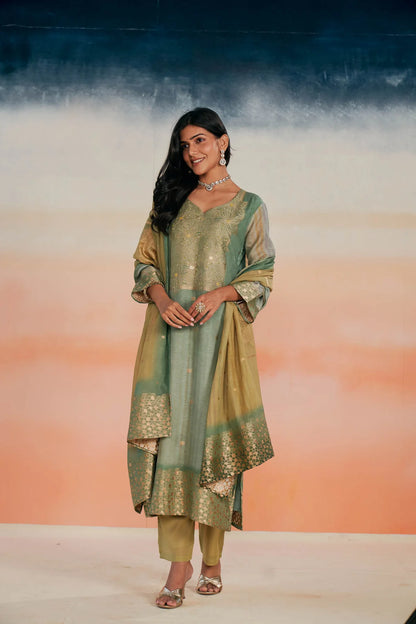 Emerald Green Malai Chanderi Jacquard Suit Set with Silk Thread Hand Embroidery