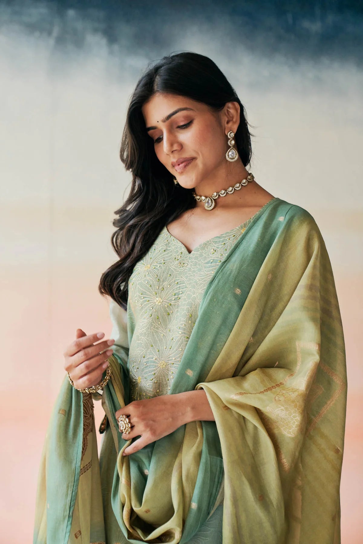 Emerald Green Malai Chanderi Jacquard Suit Set with Silk Thread Hand Embroidery