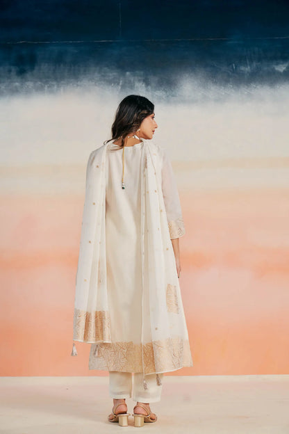 Elegant White Chanderi Jacquard Suit Set with Zari & Sequin Embroidery