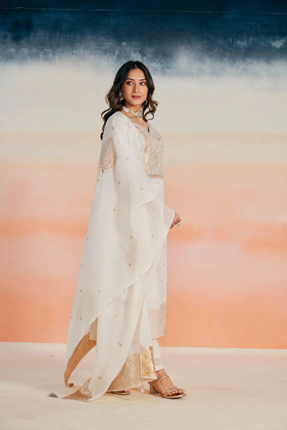 Elegant White Chanderi Jacquard Suit Set with Zari & Sequin Embroidery