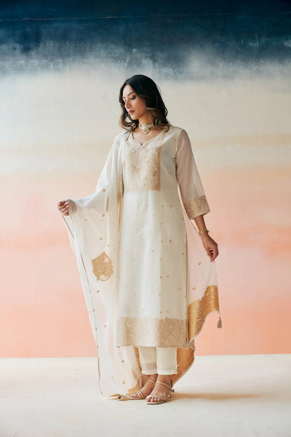 Elegant White Chanderi Jacquard Suit Set with Zari & Sequin Embroidery