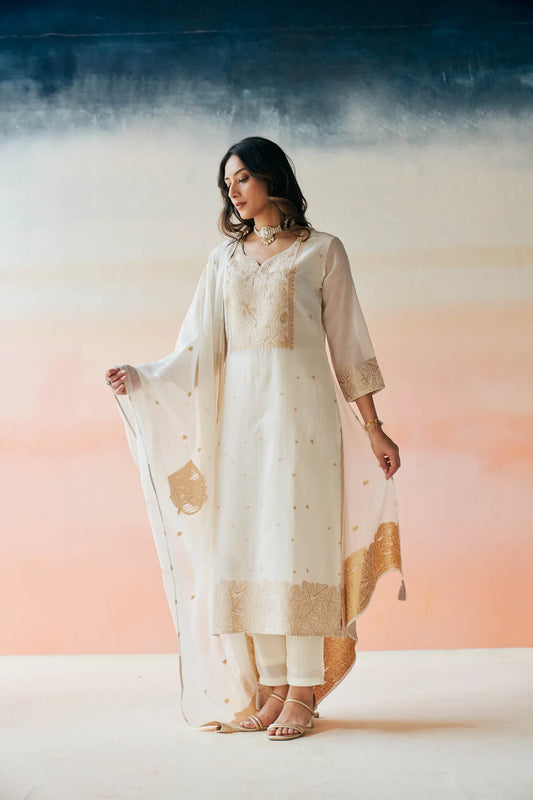 Elegant White Chanderi Jacquard Suit Set with Zari & Sequin Embroidery