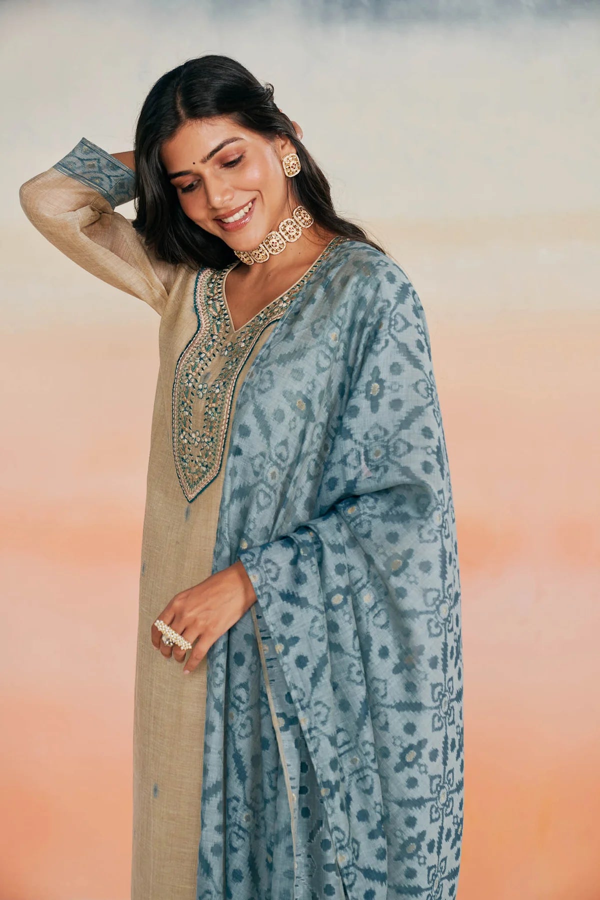 Embroidered Linen Jacquard Ethnic Suit Set