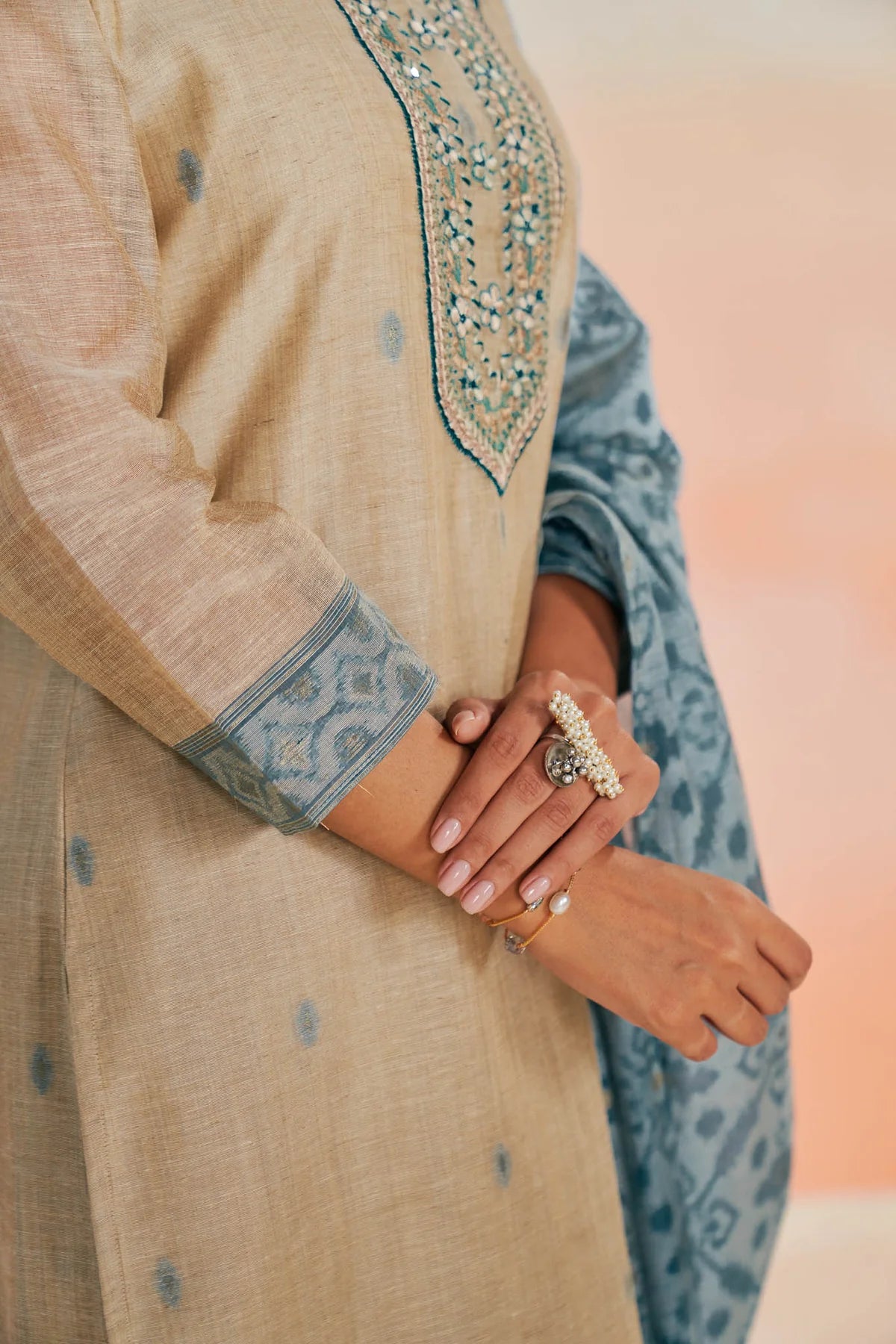 Embroidered Linen Jacquard Ethnic Suit Set
