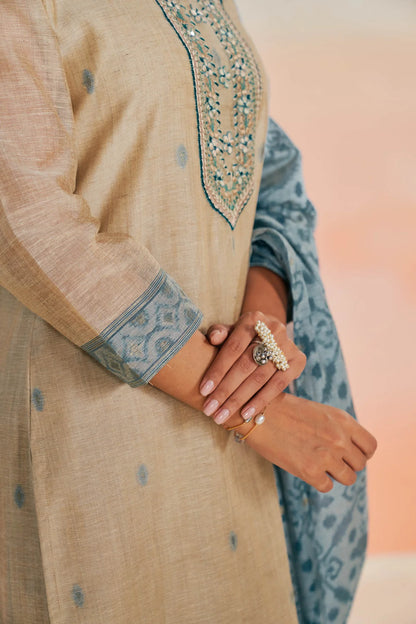 Embroidered Linen Jacquard Ethnic Suit Set