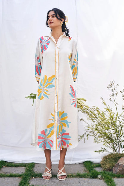 Floral Luxe Linen Satin Shirt Dress