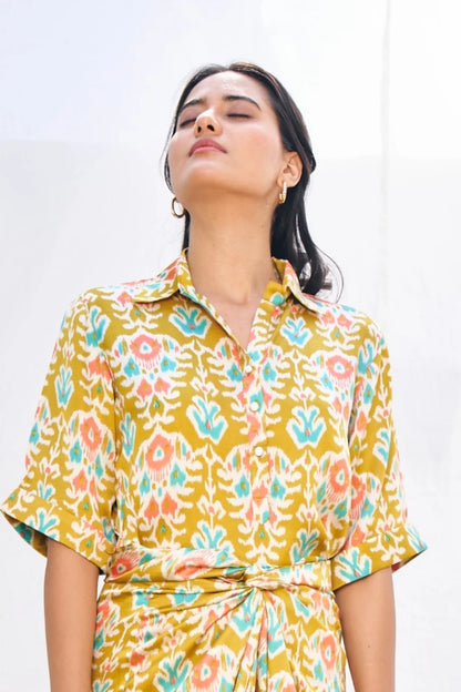 Mustard Ikat Block Sheer Top