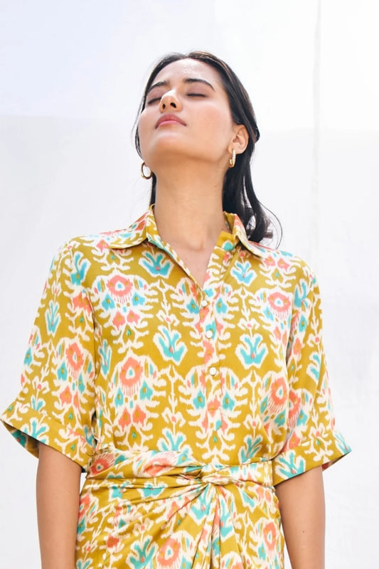 Mustard Ikat Block Sheer Top