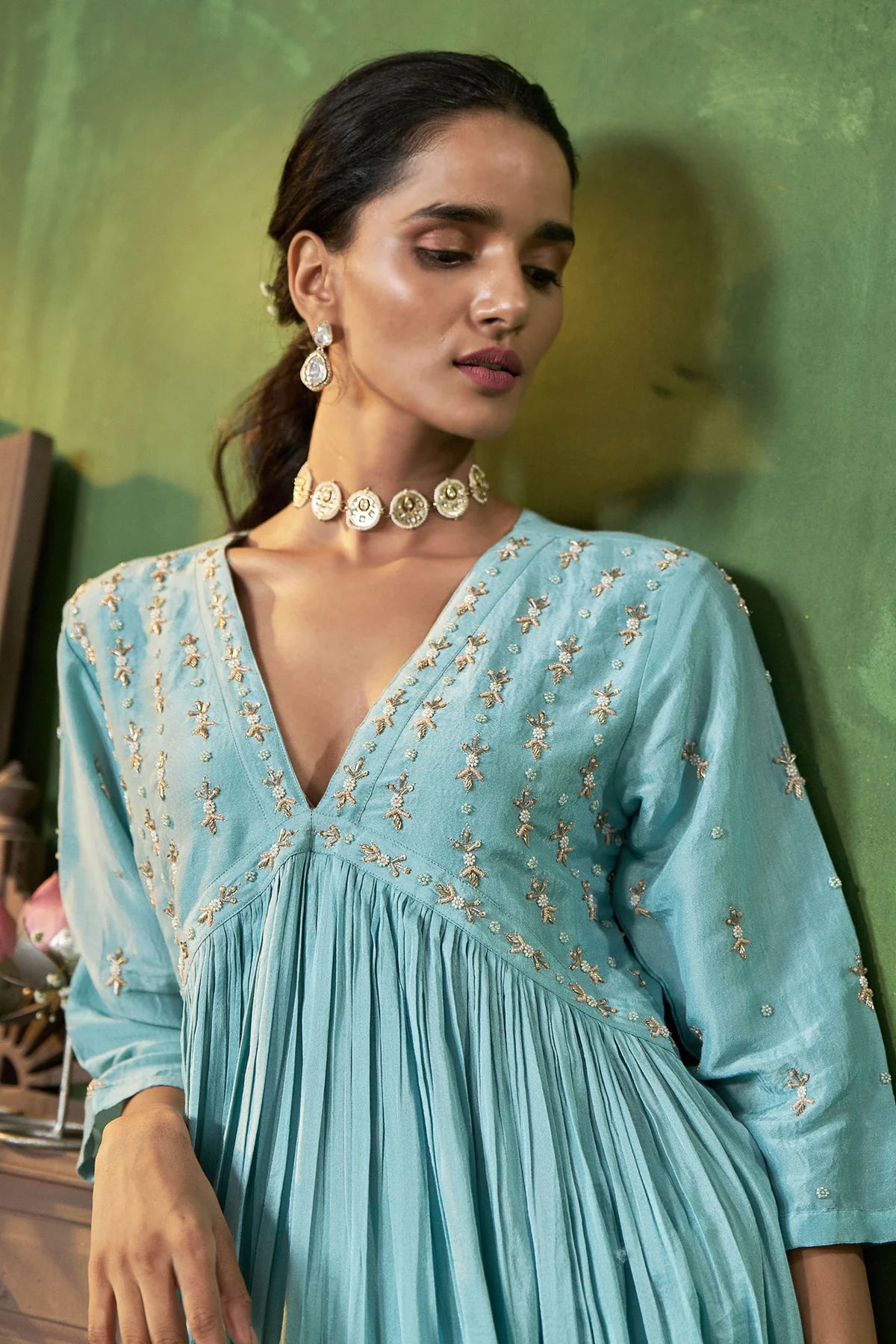 Powder Blue Kurta Set with Handcrafted Embroidery