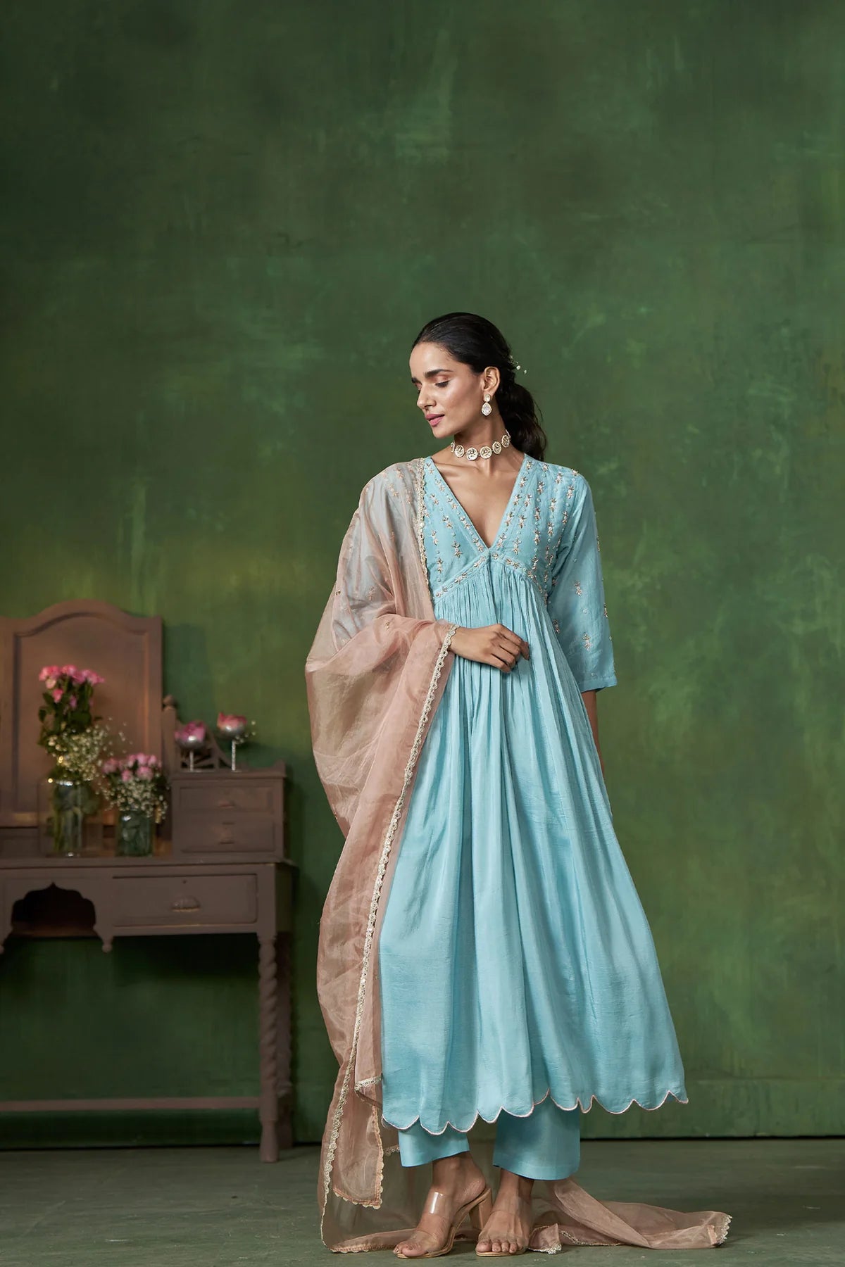 Powder Blue Kurta Set with Handcrafted Embroidery