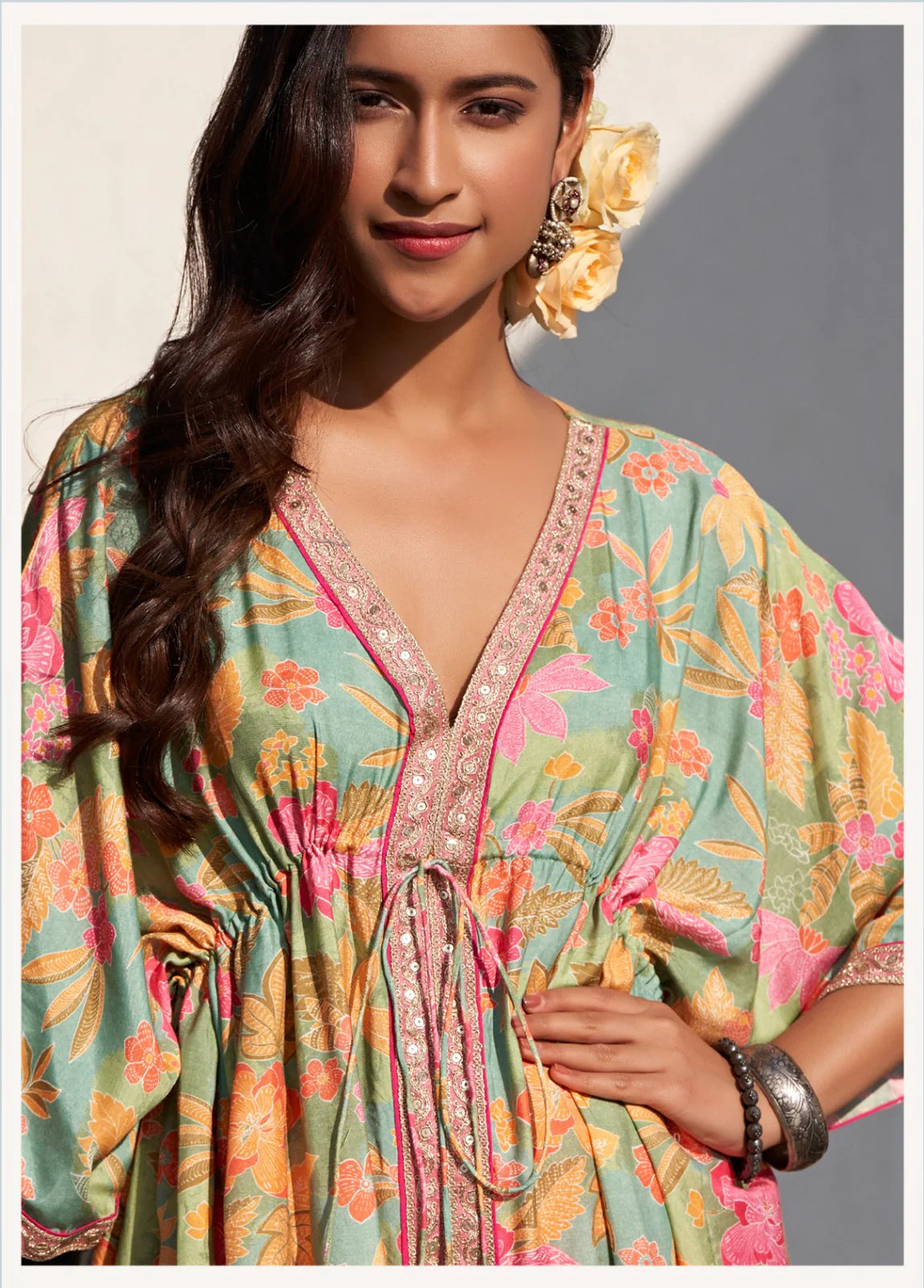 Embroidered Viscose Muslin Kaftan with Tassel Detailing