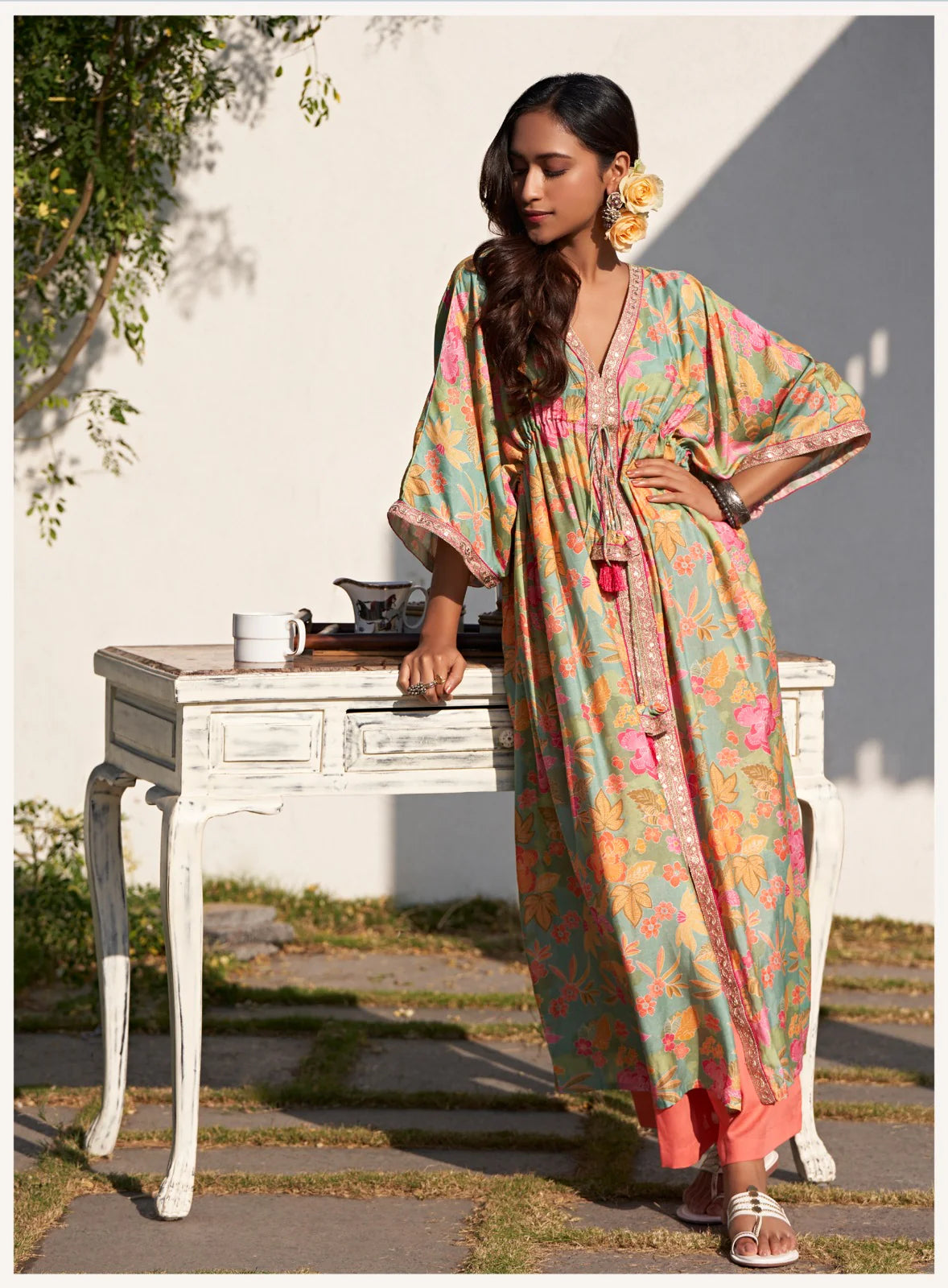 Embroidered Viscose Muslin Kaftan with Tassel Detailing