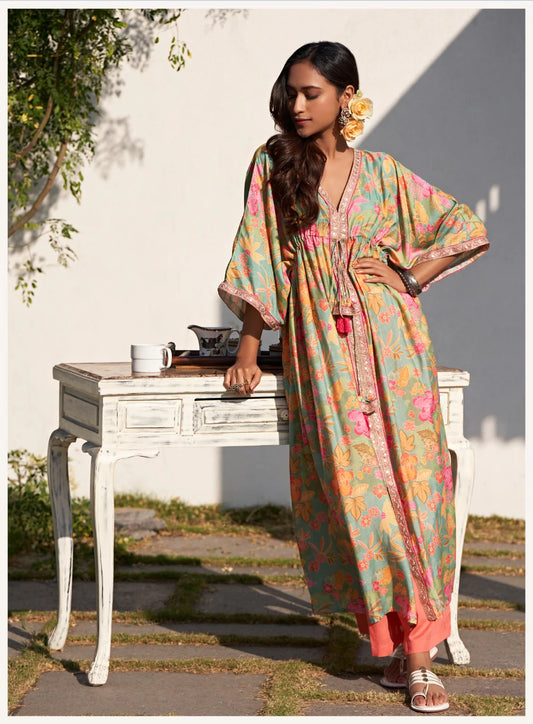 Embroidered Viscose Muslin Kaftan with Tassel Detailing