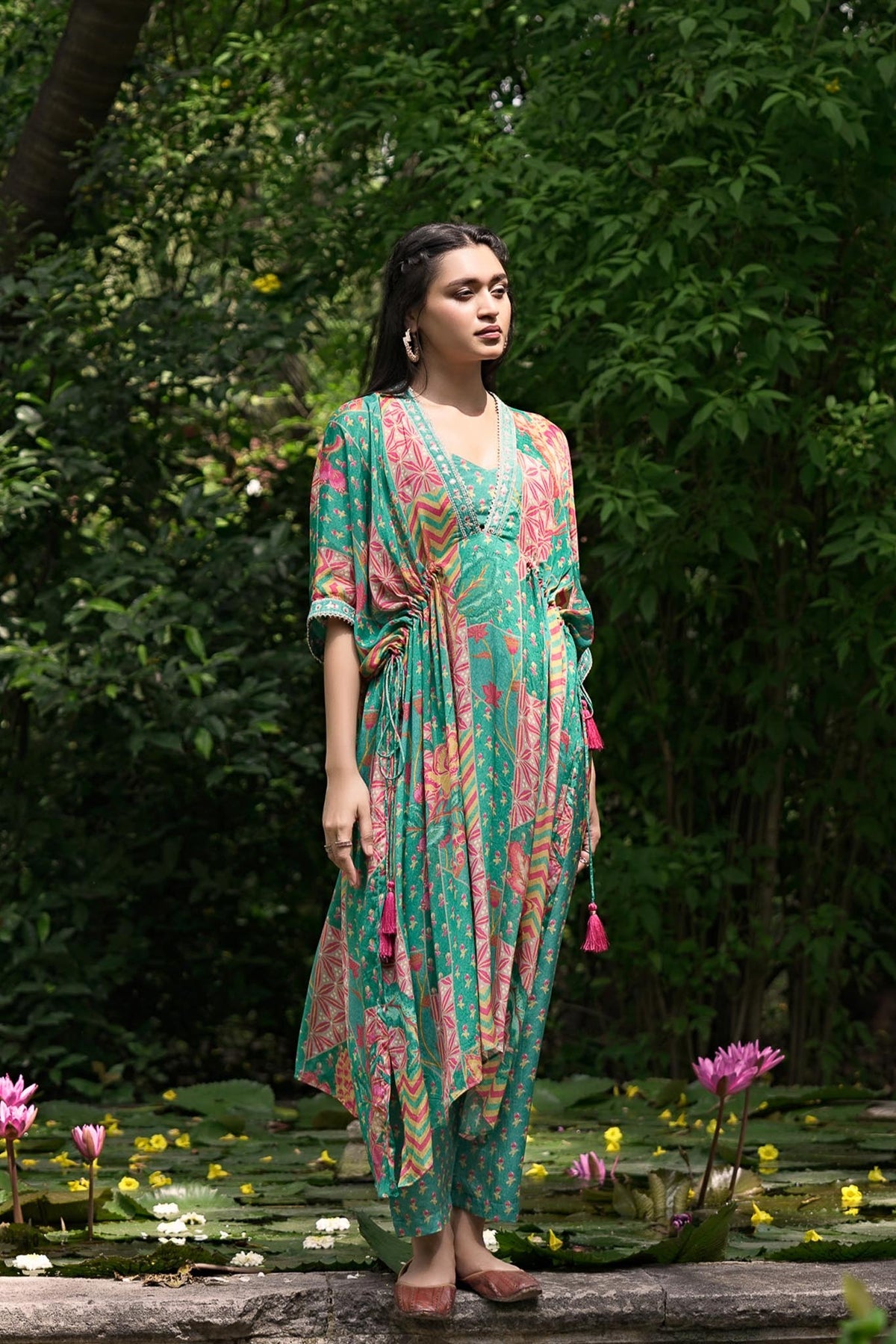 Embroidered Printed Chinon Chiffon Kaftan Set