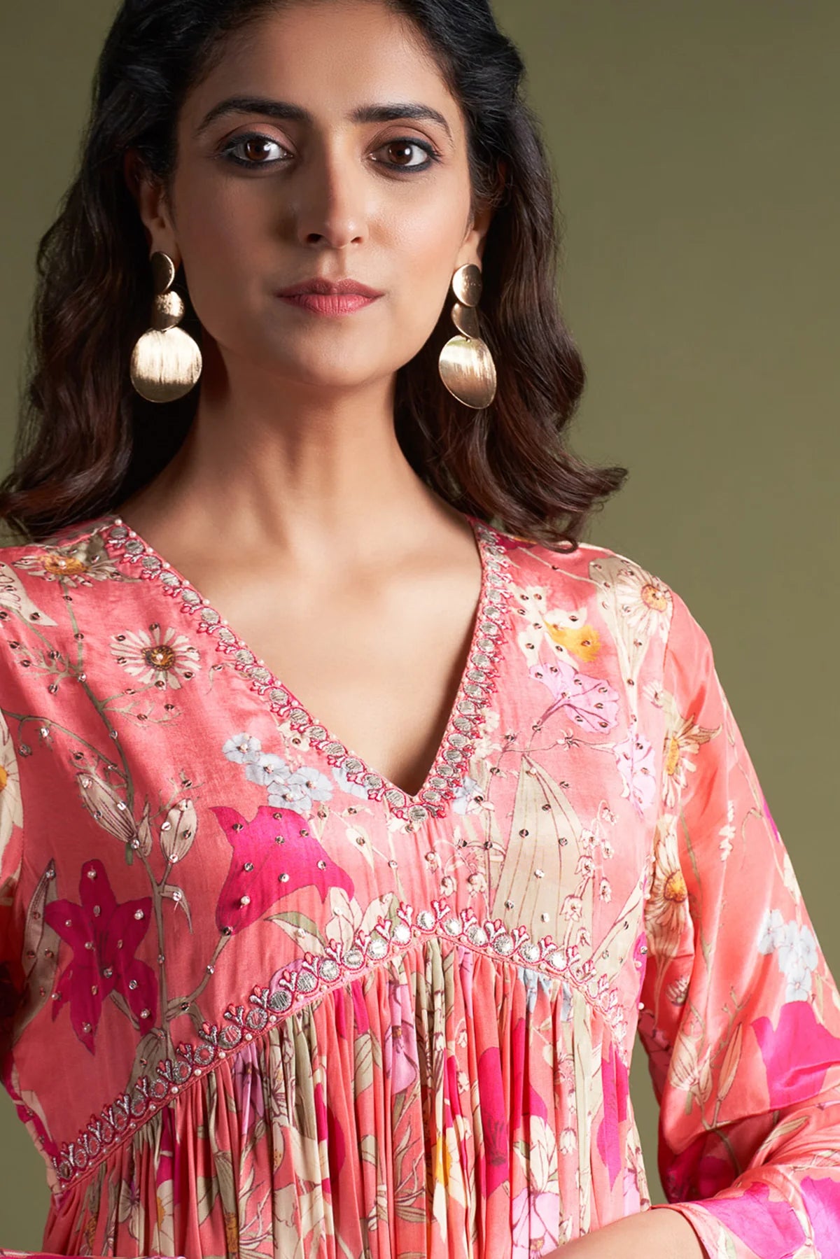 Blush Printed Crepe Gown with Handcrafted Embroidery