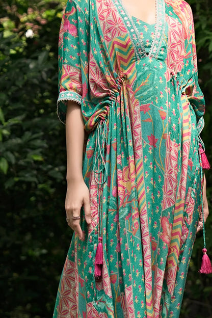 Embroidered Printed Chinon Chiffon Kaftan Set