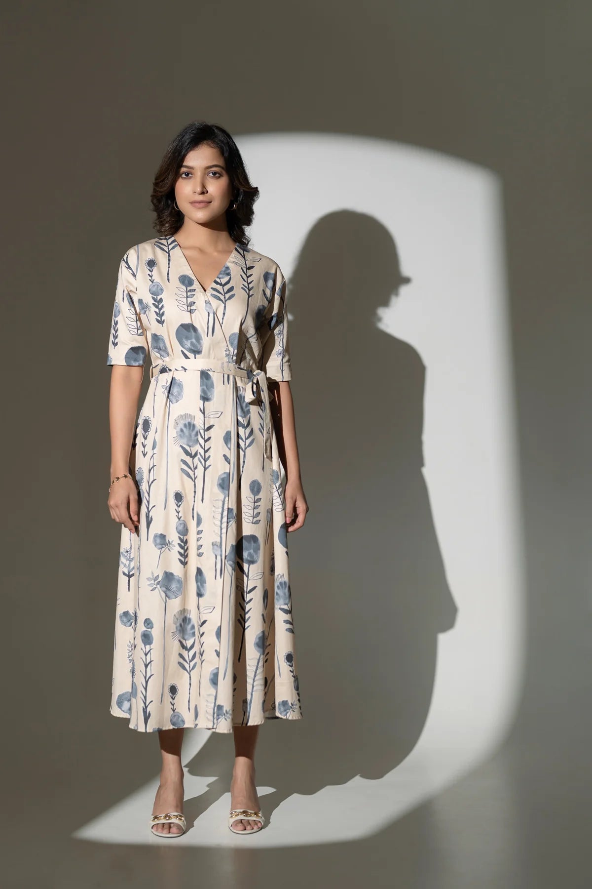 Eco-Inspired Printed Cotton Calf-Length Dress