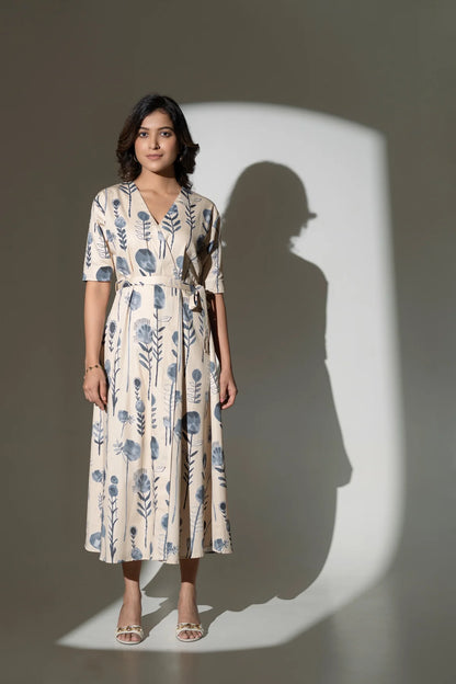 Eco-Inspired Printed Cotton Calf-Length Dress