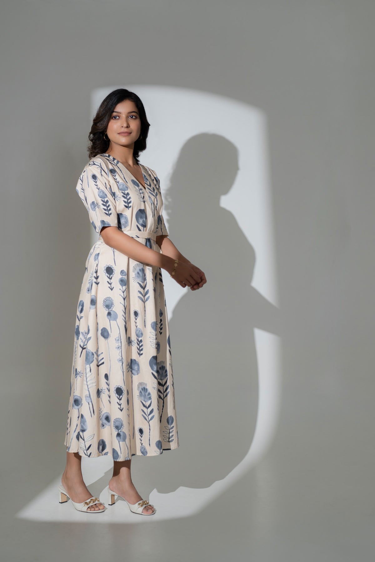 Eco-Inspired Printed Cotton Calf-Length Dress
