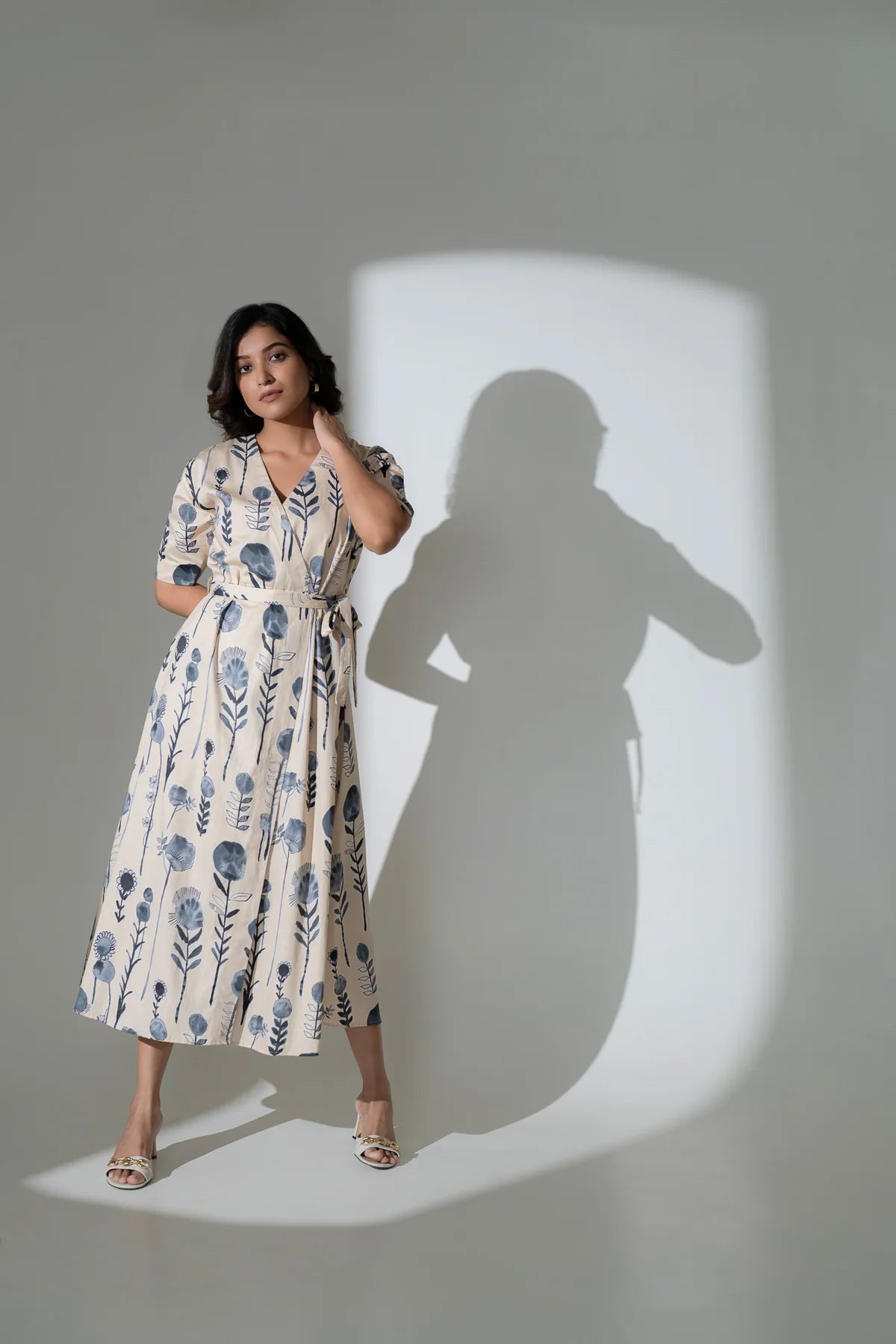 Eco-Inspired Printed Cotton Calf-Length Dress