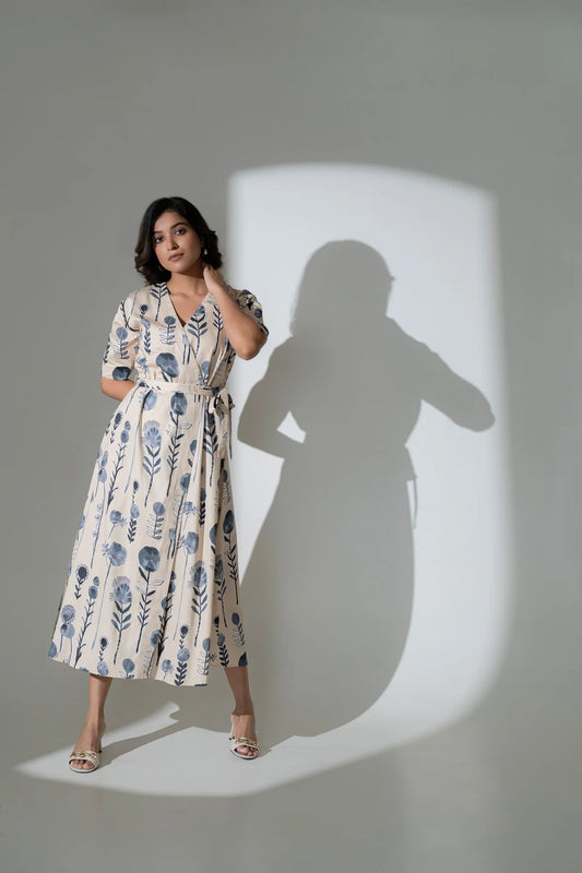 Eco-Inspired Printed Cotton Calf-Length Dress