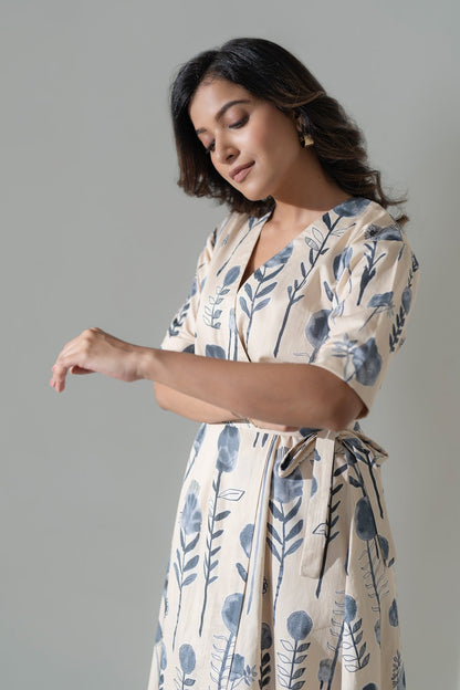 Eco-Inspired Printed Cotton Calf-Length Dress
