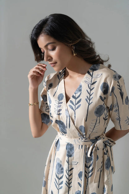 Eco-Inspired Printed Cotton Calf-Length Dress