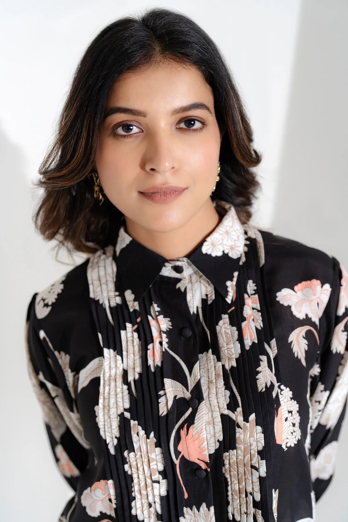 Black Pleated Viscose Muslin Shirt