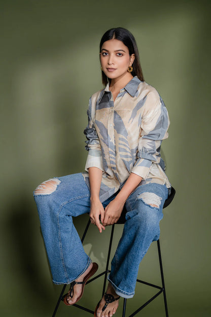 Botanical Print Oversized Muslin Shirt